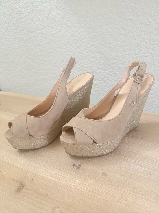 Guess Shoes - Guess Beige Peep-Toe Wedge Sandals with Glitter Platform, Size 38